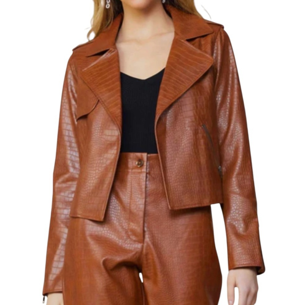 NWT Skies Are Blue Curvy BROWN CROCODILE VEGAN LEATHER Short Open Moto Jacket 1X